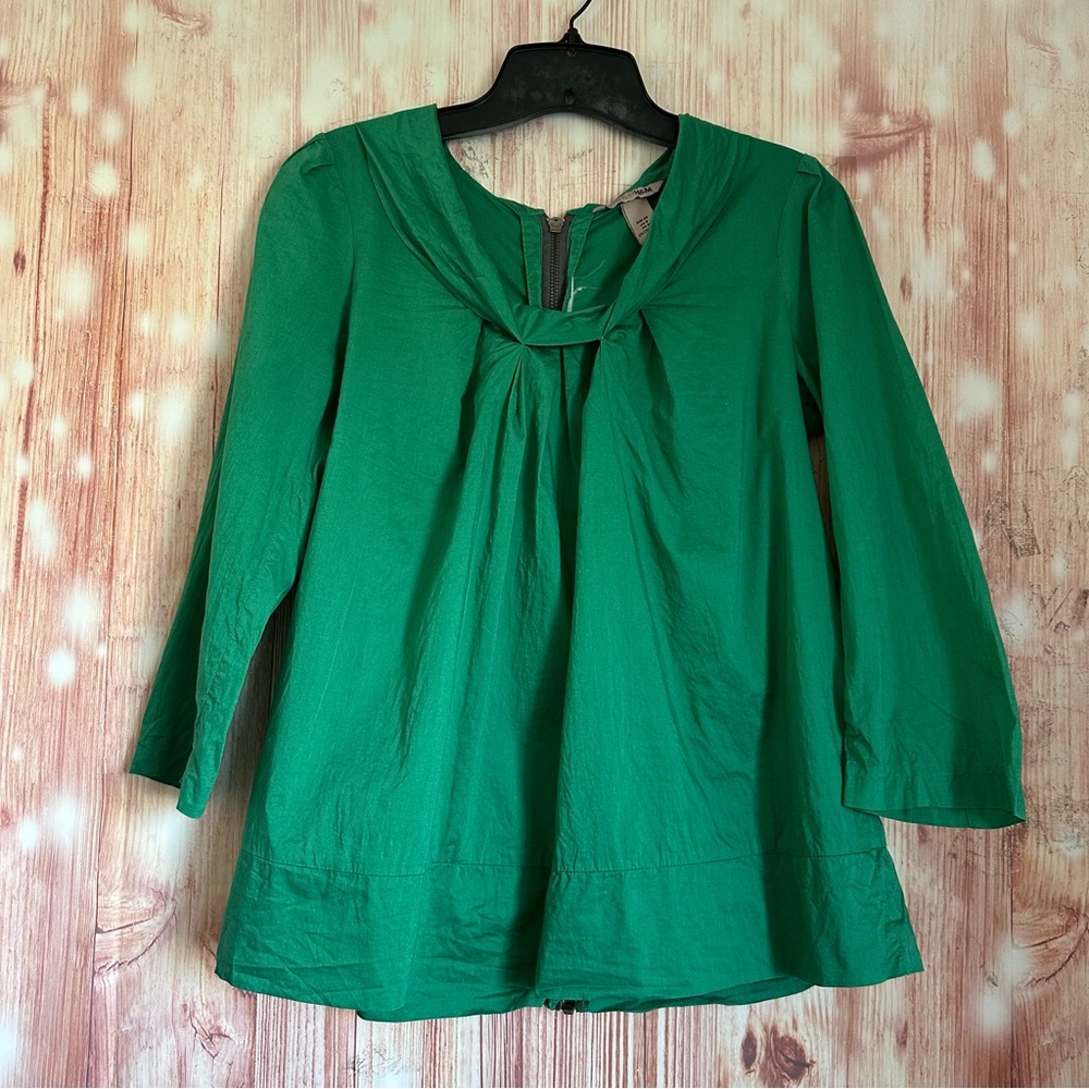 H&M Vintage Y2K Green Pleated Neckline Back Zip 3/4 Sleeve Blouse